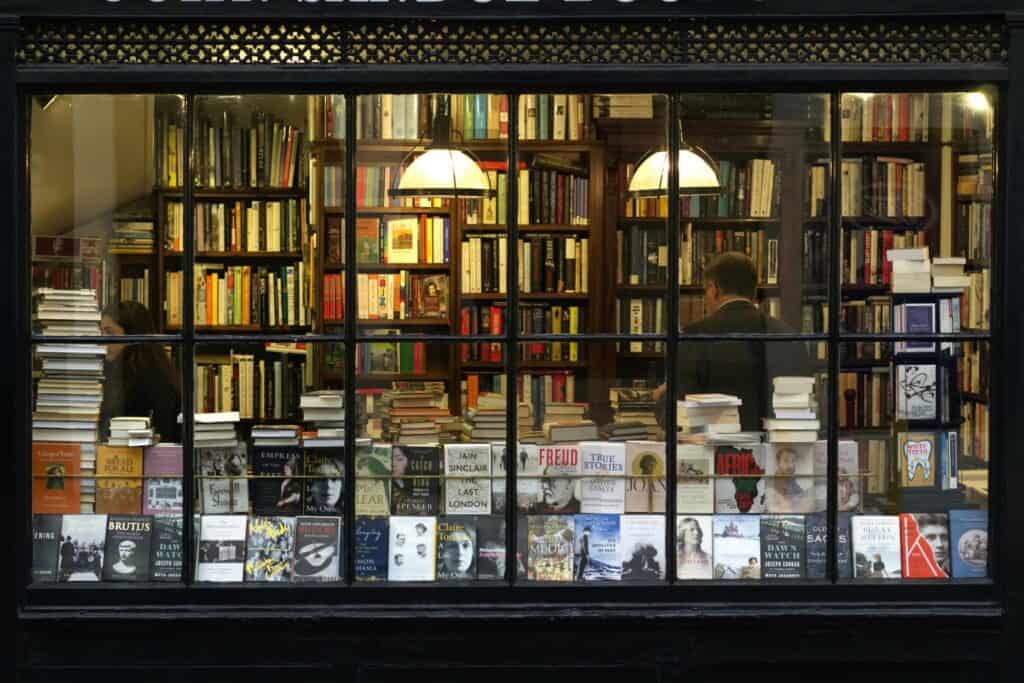 Outside of a bookshop in the concept of local shops and markets in Wimbledon.