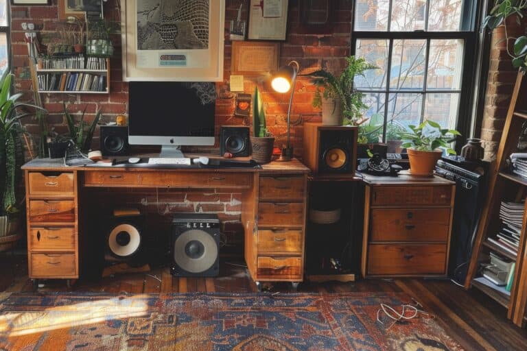 A corner of a room with electronics, wooden furniture, books, and indoor plants in the concept of 'How to Keep Belongings Safe When Transporting Them in a Home Move to Wimbledon'.