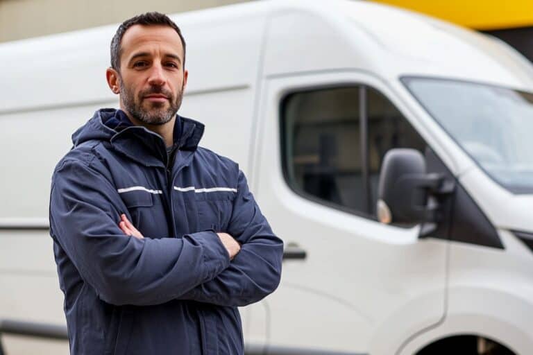 A man and van crew standing outside the white van in the concept of 'How to Ensure an Efficient Move with a Man and Van Service'.