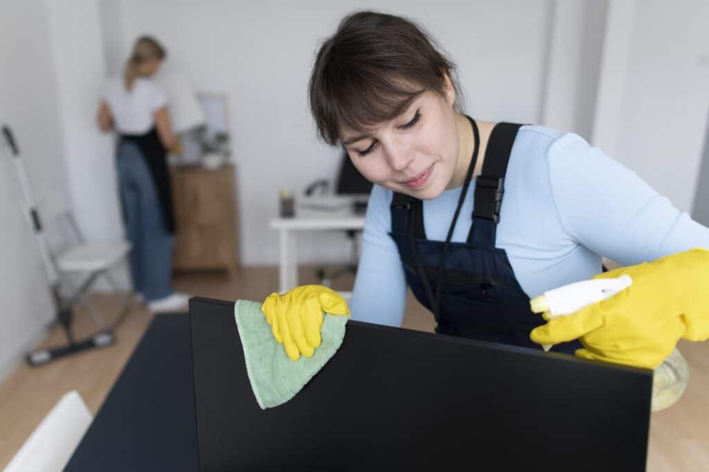 Professional cleaning services working at a home office after the move